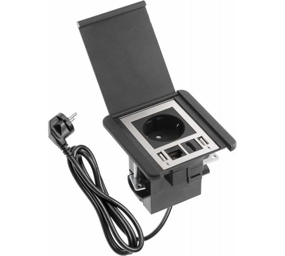 Изображение товара Удлинитель врезной квадратный GTV FLIP, 1xSCHUKO, 2xUSB, 1xLAN, вилка, провод 1,5M, цвет черный AE-GM1SFLI-20