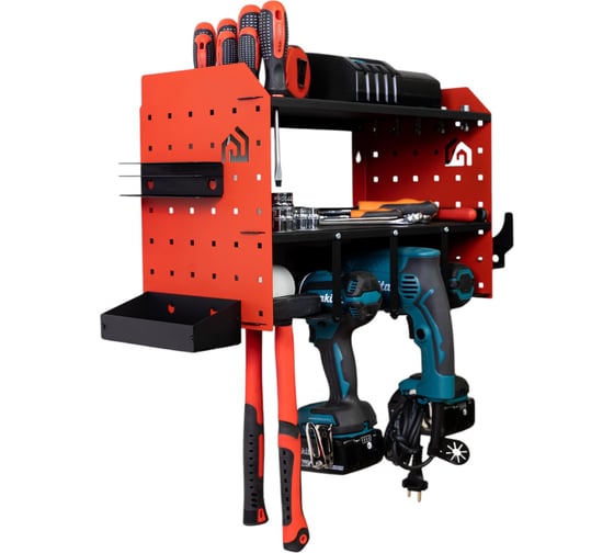 Изображение товара Органайзер настенный для хранения инструментов WHEHOME 400x300x230 мм, MAX комплектация, цвет красный, сборный WHdb20240016