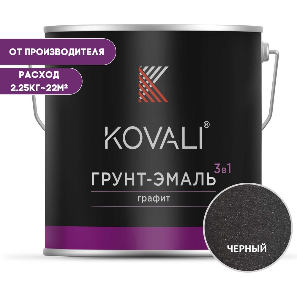 Изображение товара Грунт-эмаль 3 в 1 KOVALI черный графит 2.25 кг для металла и бетона