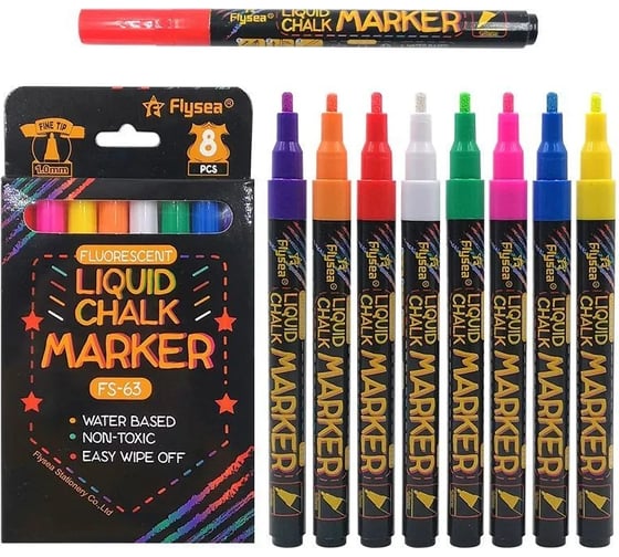 Изображение товара Набор флуоресцентных меловых маркеров FLYSEA Chalk Marker, наконечник 1,0 мм, упаковка 8 шт. FS-63