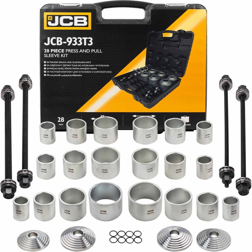 Изображение товара Набор инструментов для замены сайлентблоков JCB 28пр, универсальный, механический Изображение товара Набор инструментов для замены сайлентблоков JCB 28пр, универсальный, механический