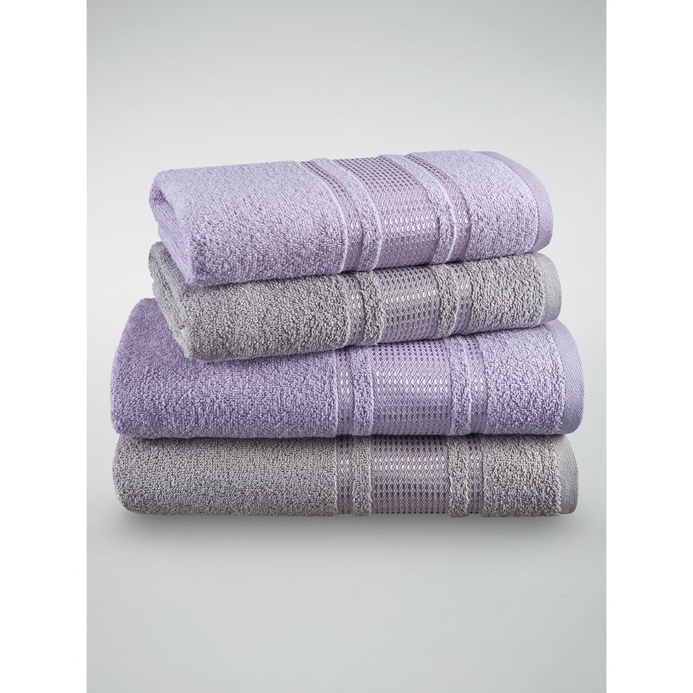 Изображение товара Полотенца махровые DIANA Амелия, Светло-серый/Фиалка, 50x80 см (2 шт.), 70x130 см (2 шт.) ПМАмD-СсФ-50-70-2-2