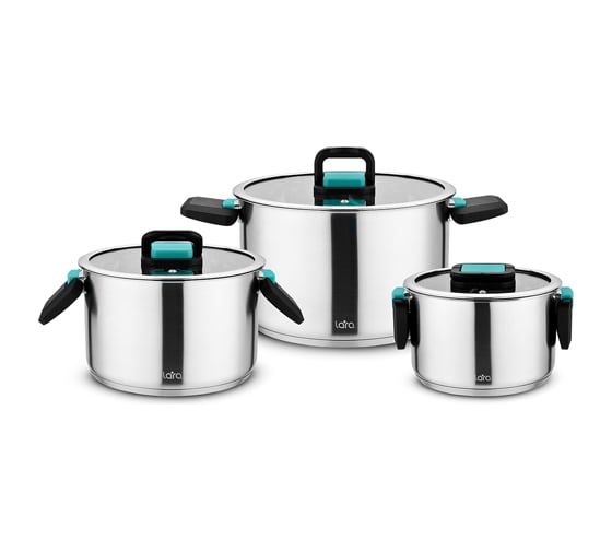 Изображение товара Набор посуды Lara серия ИЗУМРУД 3пр. кастр. 2, 3.8, 6,4 л индукционное 5-ти ступ. капс. дно LR02-123