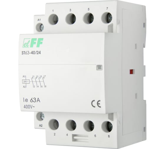 Изображение товара Контактор Евроавтоматика F&F ST63-40/24 4NO, потребляемая мощность 6,4Вт, 3 модуля, монтаж на DIN-рейке EA13.001.012