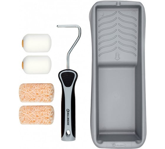 Изображение товара Набор малярный Rollingdog SUPER-MICRO 6 предметов: по 2 шт. мини-валиков 50 мм из микрофибры и поролона, ручка-бюгель, ванночка для краски 70181