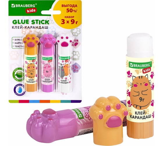 Изображение товара Клей-карандаш BRAUBERG Лапки Cat Paw, 9 г, фигурный колпачок, 3 шт на блистере, Kids 271982