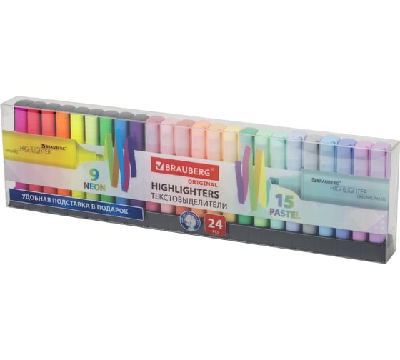 Изображение товара Набор текстовыделителей BRAUBERG 24 цвета на подставке, Original, 15 пастельных цветов + 9 неоновых цветов, линия 1-5 мм 152508