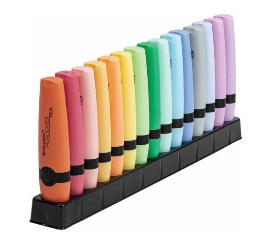 Изображение товара Набор текстовыделителей BRAUBERG 15 пастельных цветов на подставке, Delta Pastel, линия 1-5 мм 152507