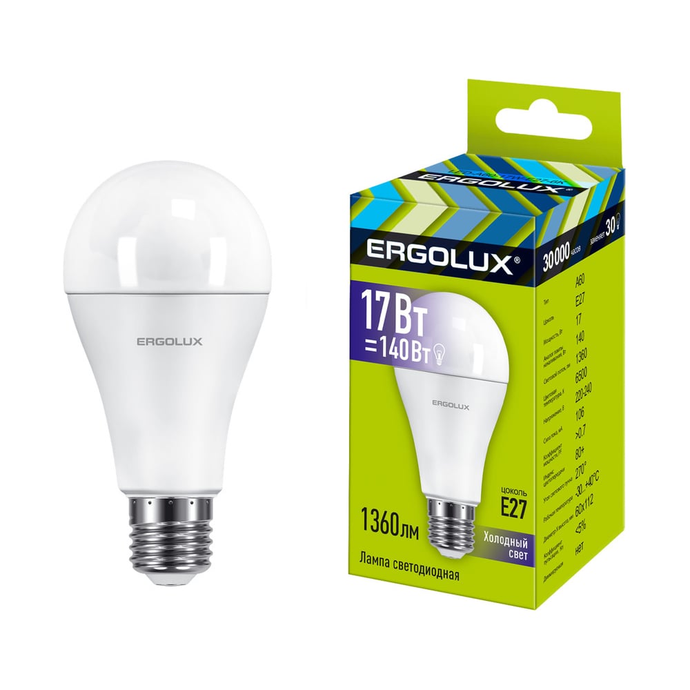 Светодиодная лампа Ergolux LED-A60-17W-E27-6K ЛОН, 17Вт, E27, 6500K 13181