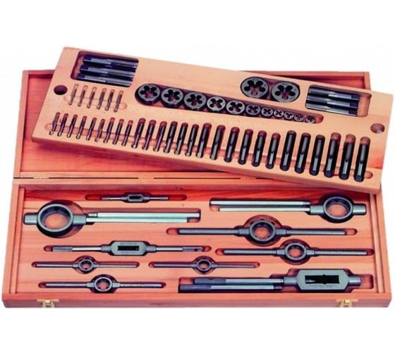 Изображение товара Набор резьбонарезного инструмента ZIRA No 6022 HSS, UNC 1/4"-1 1/2", деревянный кейс, 58 предметов ZI-450310