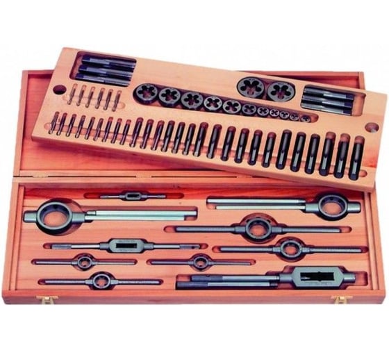 Изображение товара Набор резьбонарезного инструмента ZIRA No 6025 HSS, UNF 1/4"-1 1/2", деревянный кейс, 46 предметов ZI-450340