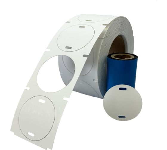 Изображение товара Комплект бирки кабельные У-135 круг 55 мм, 2_500шт.+риббон на втулке 25,4 мм. Маркерпром TAG-T-Y135-Standart, mpr01020