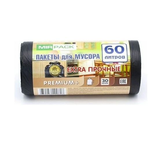 Изображение товара Мешки для мусора MIRPACK PREMIUM+ 60 л, в рулоне 30 шт, ПСД, 20 мкм, размер 60х70 см, черные 6030150