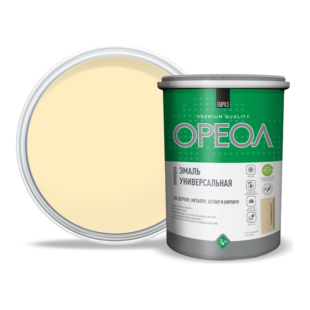 Изображение товара Акриловая глянцевая эмаль ОРЕОЛ слоновая кость 1 кг для внутренней и внешней отделки