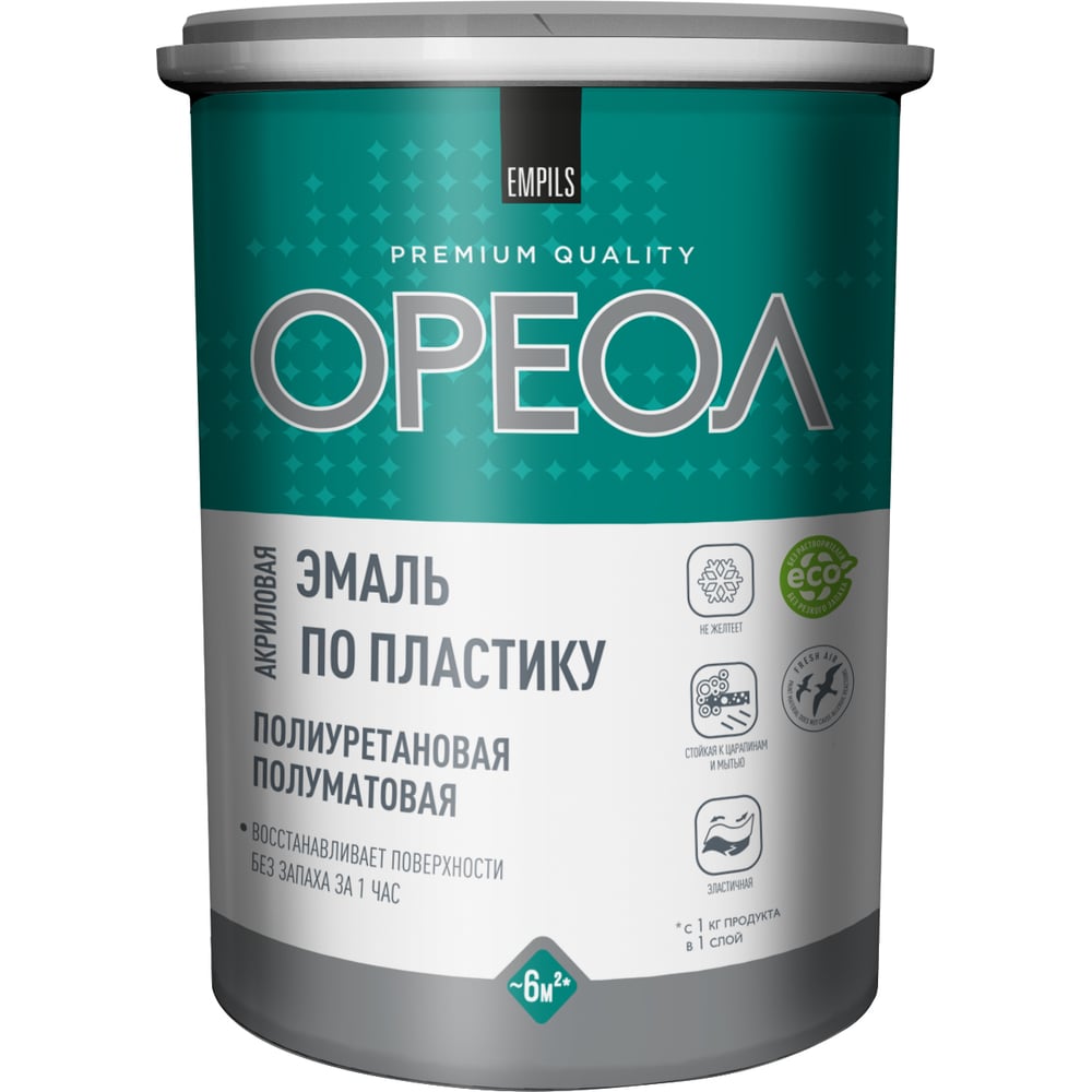 Изображение товара Эмаль по пластику ОРЕОЛ полуматовая 1.1 кг для внутренней и внешней отделки