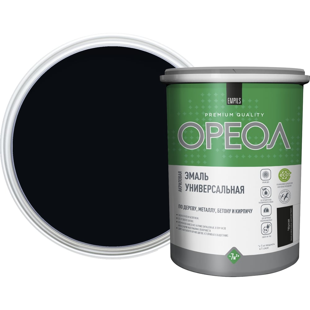 Изображение товара Акриловая глянцевая эмаль ОРЕОЛ 1 кг черная для внутренних и наружных работ
