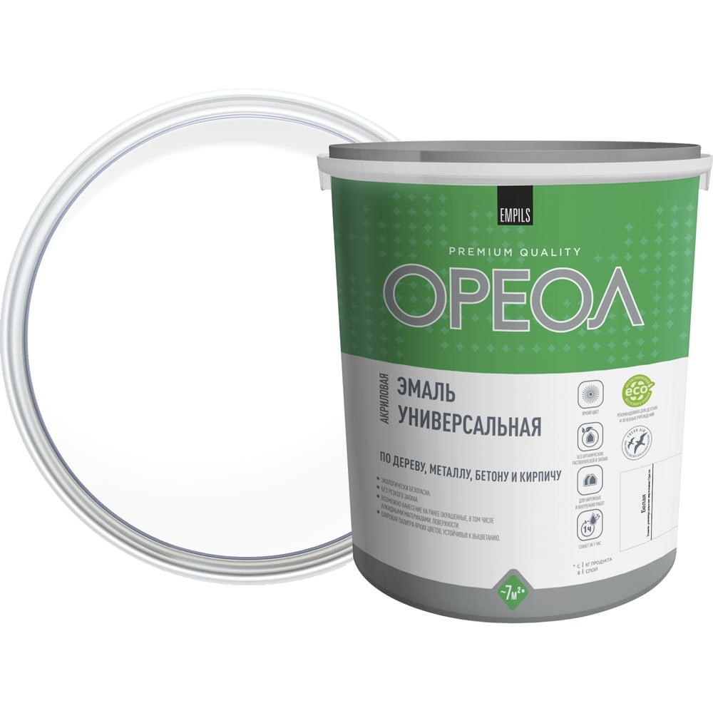Изображение товара Эмаль акриловая ОРЕОЛ глянцевая, белая, 2.5 кг 85884