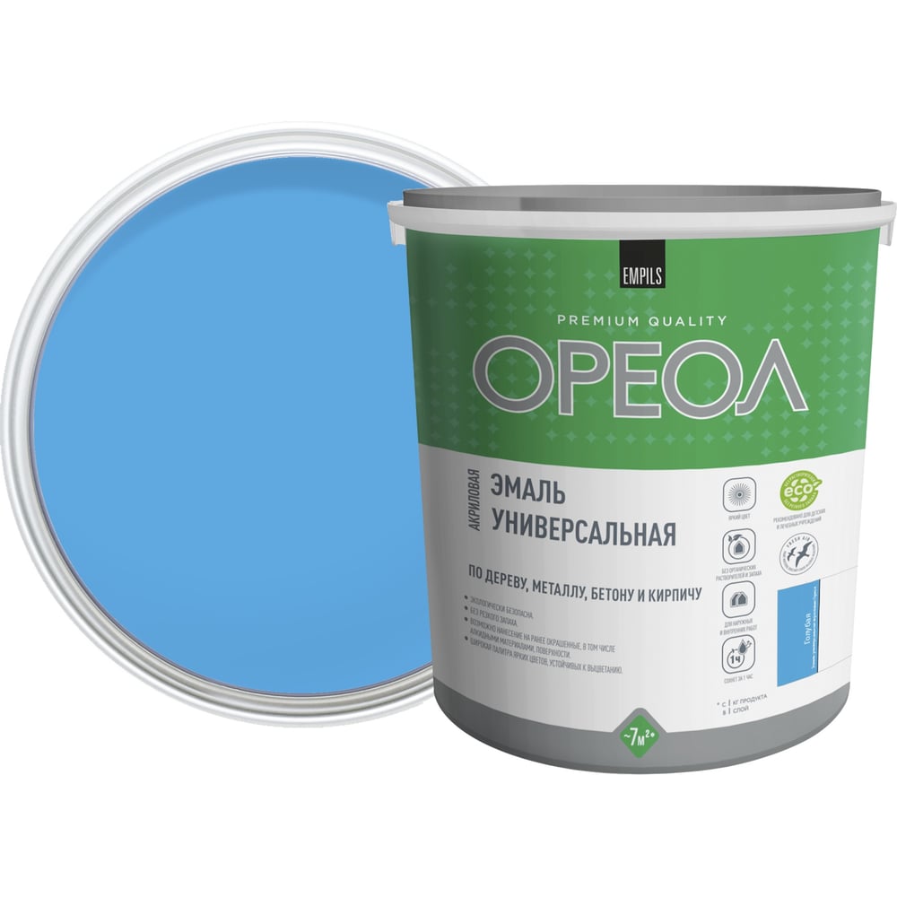 Изображение товара Эмаль акриловая ОРЕОЛ глянцевая голубая 2.5 кг для внутренней и внешней отделки