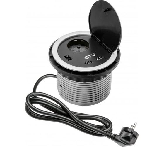 Изображение товара Розетка врезная GTV 1гнезд. +USB с крышкой с кабелем 1,5м 96439 AE-BPW1S2UCH-80