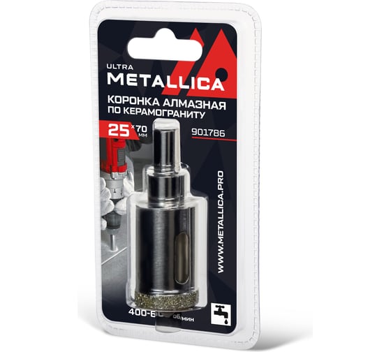 Изображение товара Коронка алмазная 25x70 мм, #46, со сверлом, по керамограниту, плитке, в блистере METALLICA Ultra 901786
