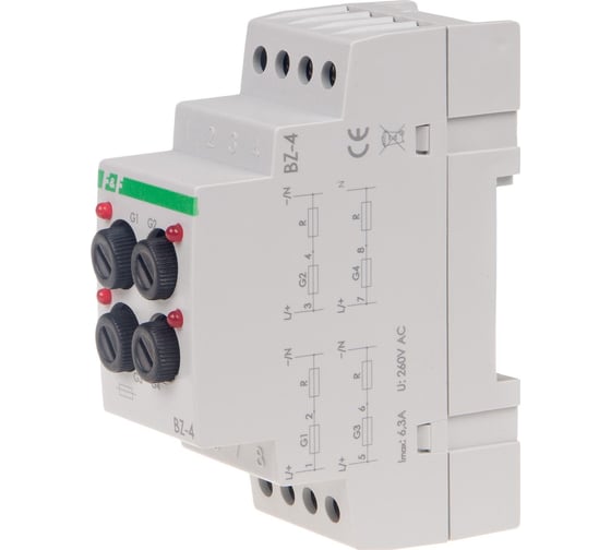 Изображение товара Блок защиты Евроавтоматика F&F BZ-4 4 предохранителя для монтажа на DIN-рейке, индикатор срабатывания, 2 модуля, EA09.001.004