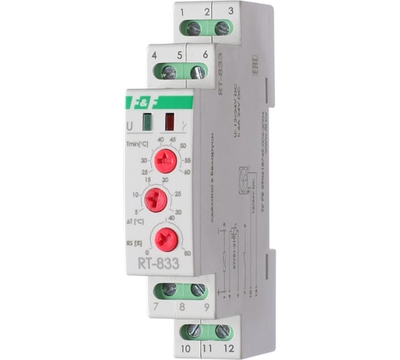 Изображение товара Регулятор температуры Евроавтоматика F&F RT-833 для управления скоростью вращения вентилятора, +25 до +60С, выносной датчик, , DIN EA07.001.012