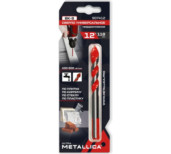 Изображение товара Сверло универсальное твердый сплав 12x118 мм, спиральное, по плитке, кирпичу METALLICA Ultra 907412