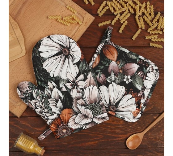 Изображение товара Кухонный набор Этель Meadow flower варежка-прихватка, прихватка 19x19 см, 100% хлопок 7560472