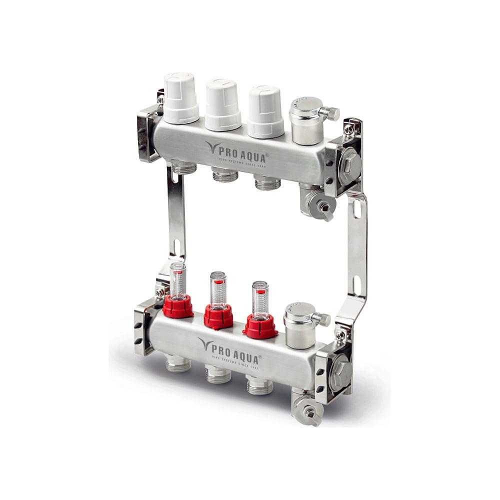 Изображение товара Коллекторный блок с расходомерами и автоматическими воздухоотводчиками PRO AQUA ШК 6 выходов, 380 V500MB.AV.06b
