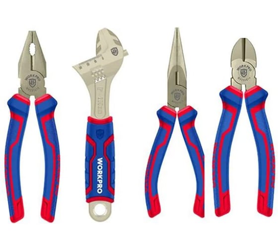 Изображение товара Набор инструментов WORKPRO ключ разводной, длинногубцы, бокорезы, пассатижи, 4 шт. WP201009