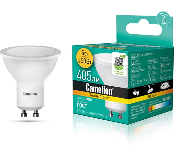 Изображение товара Светодиодная лампа Camelion, LED5-GU10 830, GU10, 5Вт, 220В 10956