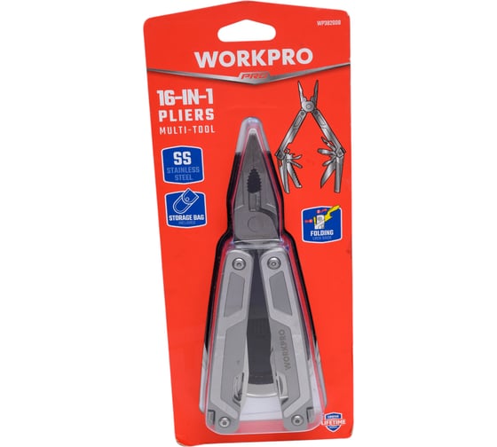 Изображение товара Мультитул-пассатижи 16в1 WORKPRO 178 мм, нержавеющая сталь WP382008