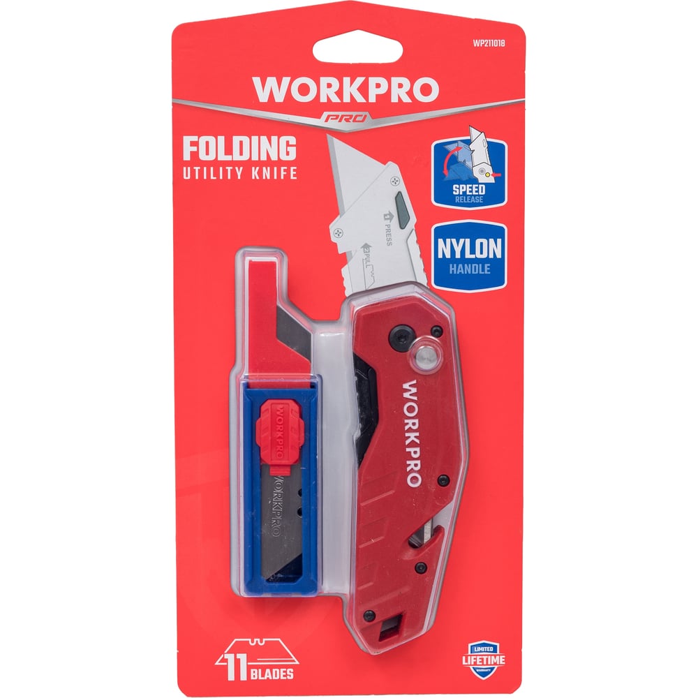 Изображение товара Складной нож WORKPRO WP211018 с трапециевидным лезвием и нейлоновой рукоятью