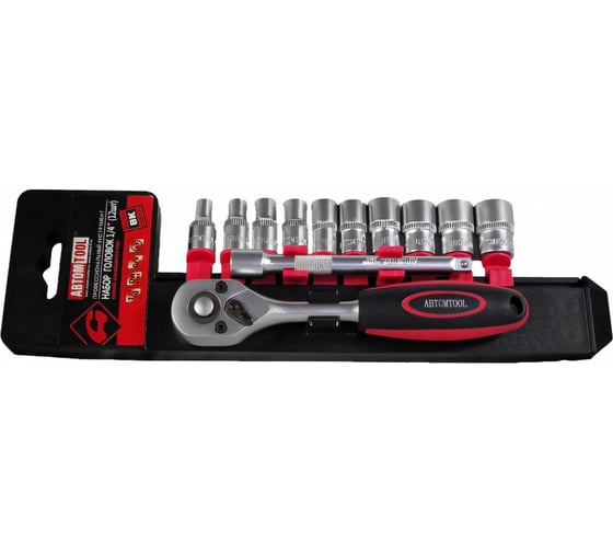 Изображение товара Набор инструмента ABTOMTOOL РROFFI, на планке 1/4 12 предметов, с трещоткой, CrV, 5443012