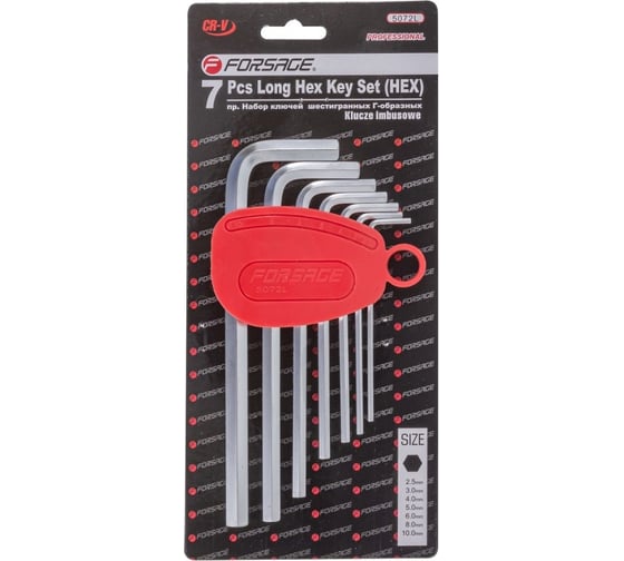 Изображение товара Набор Г-образных 6-гранных ключей Forsage длинных 7 предметов в пластиковом держателе F-5072L(6498)
