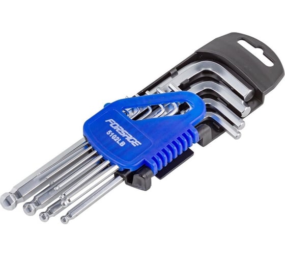 Изображение товара Набор 6-гранных Г-образных ключей Forsage длинных с шаром 10  предметов в пластиковом держателе F-5102LB(6594)