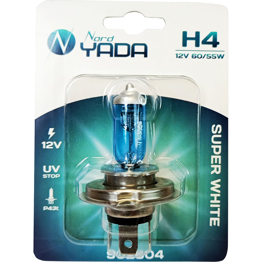 Изображение товара Лампа Nord-Yada H4 12V 60/55W P43t SUPER WHITE 1шт, блистер TM Nord YADA 902604 Изображение товара Лампа Nord-Yada H4 12V 60/55W P43t SUPER WHITE 1шт, блистер TM Nord YADA 902604