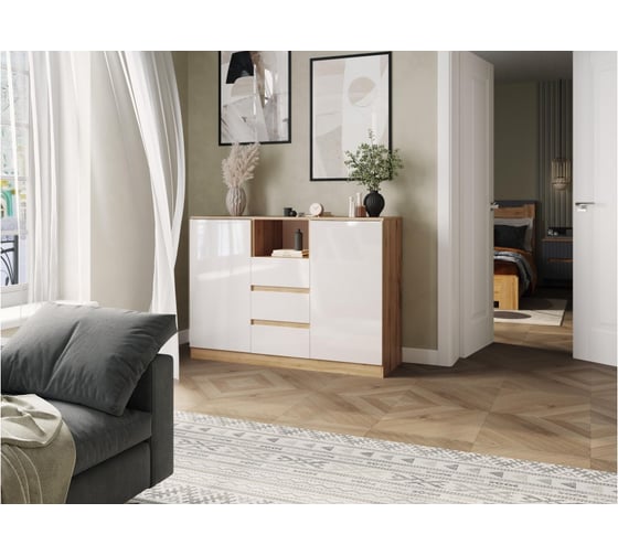 Изображение товара Комод Woodville Маллоу-2 дуб вотан/белый глянец 563534