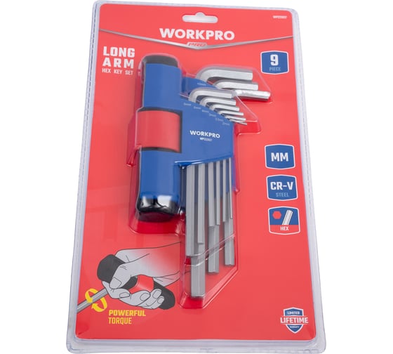 Изображение товара Набор шестигранных ключей WORKPRO 9 шт., с длинной Т-образной рукояткой (метрические) WP222027