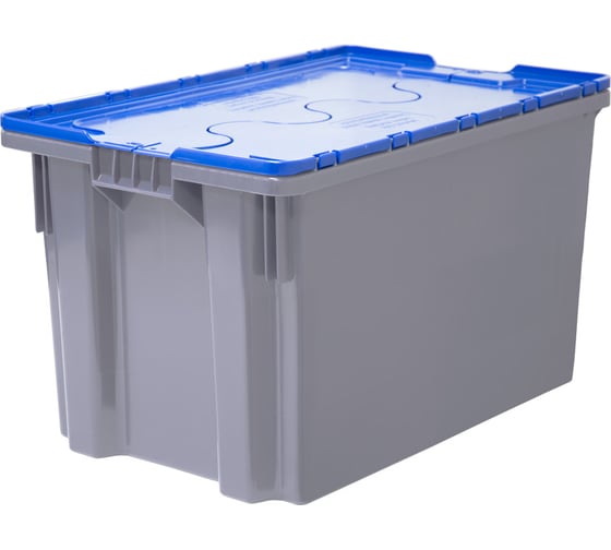 Изображение товара Ящик полимерный Тара.ру 600x400x365 Safe PRO гл. дно/сплошной серый с синей крышкой 33152