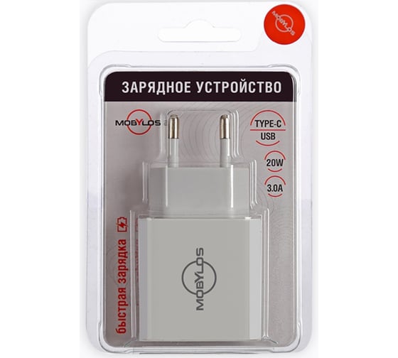Изображение товара Сетевое зарядное устройство Mobylos с функцией быстрой зарядки, 2 выхода: USB, Type-C 30512/белый