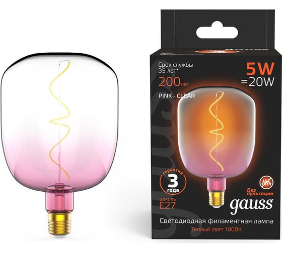 Изображение товара Лампа LED Gauss Filament Flexible V140-DC Pink-Clear E27 5W 200lm 1800K 140х200mm 1/6 1010802105