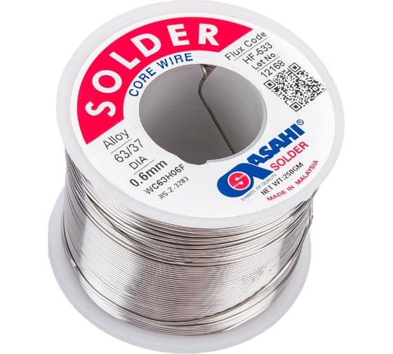 Изображение товара Припой (0.6 мм, 0.25 кг, Sn63/Pb37, HF533 флюс RMA) ASAHI 00-00002077