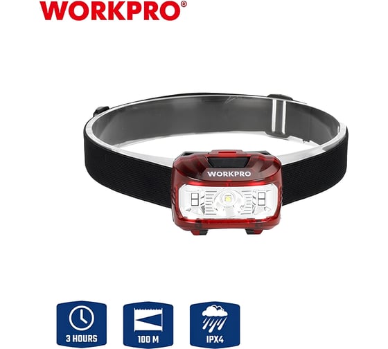 Изображение товара Фонарик налобный WORKPRO светодиодный 80-300LM, батарейки AAA WP353000