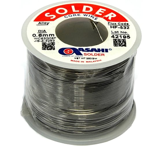 Изображение товара Припой (0.6 мм, 0.25 кг, Sn60/Pb40, HF532 флюс RMA) ASAHI 00-00001188