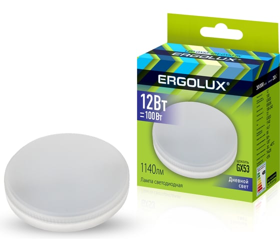 Изображение товара Светодиодная лампа Ergolux LED-GX53-12W-GX53-6K, 12Вт, GX53, 6500К, 180-280В 14238