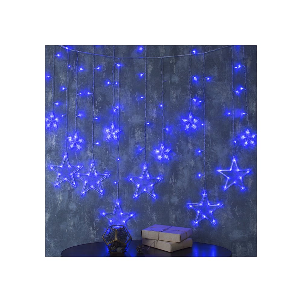 фото Гирлянда-бахрома luazon decor, звезды, ip20, ширина 2.4 м, высота 0.9 м, н.с. led-138-220v, 8 режимов, синий 2361700