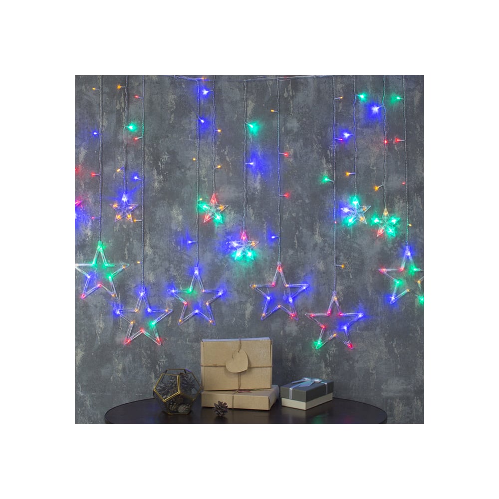 фото Гирлянда-бахрома luazon decor, звезды, ip20, ширина 2.4 м, высота 0.9 м, н.с. led-138-220v, 8 режимов, мульти 2361699