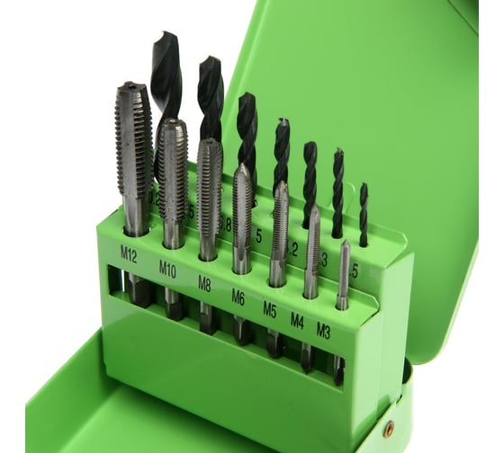 Изображение товара Набор сверл и метчиков ТУНДРА 2.5 - 10.2 мм и М3 - М12, 15 предметов 2705964