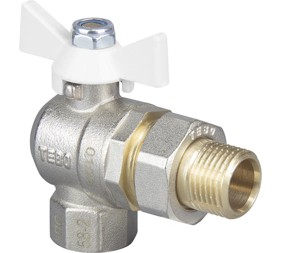 Изображение товара Кран шаровой полный проход c накидной гайкой TEBO ВН/НАР угловой 1/2" белая бабочка T-КШ.452.12.ББ.CN